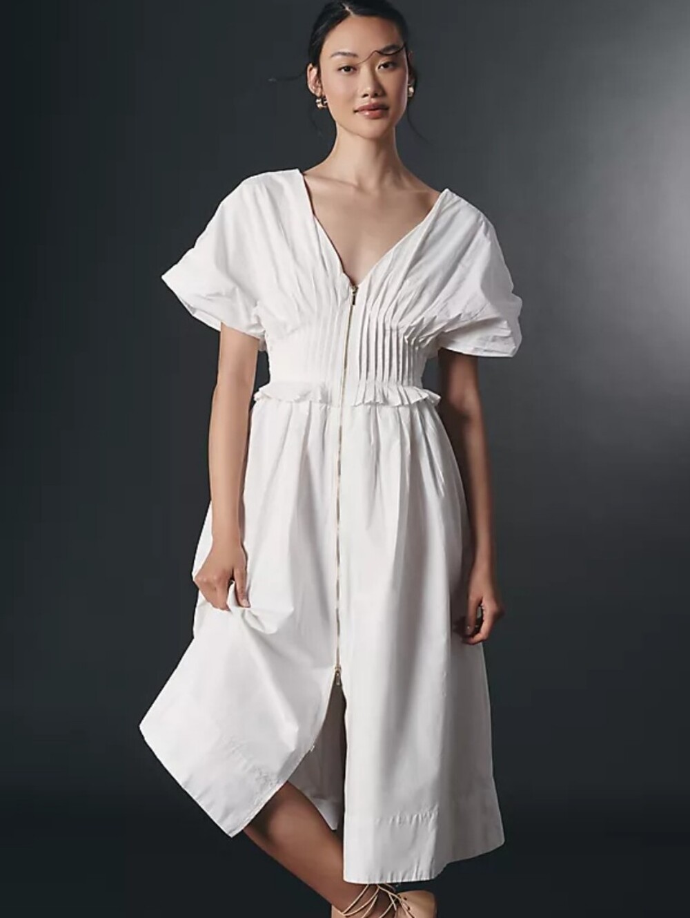Anthropologie Cream V-Neck Smocked-Waist Maxi Dress